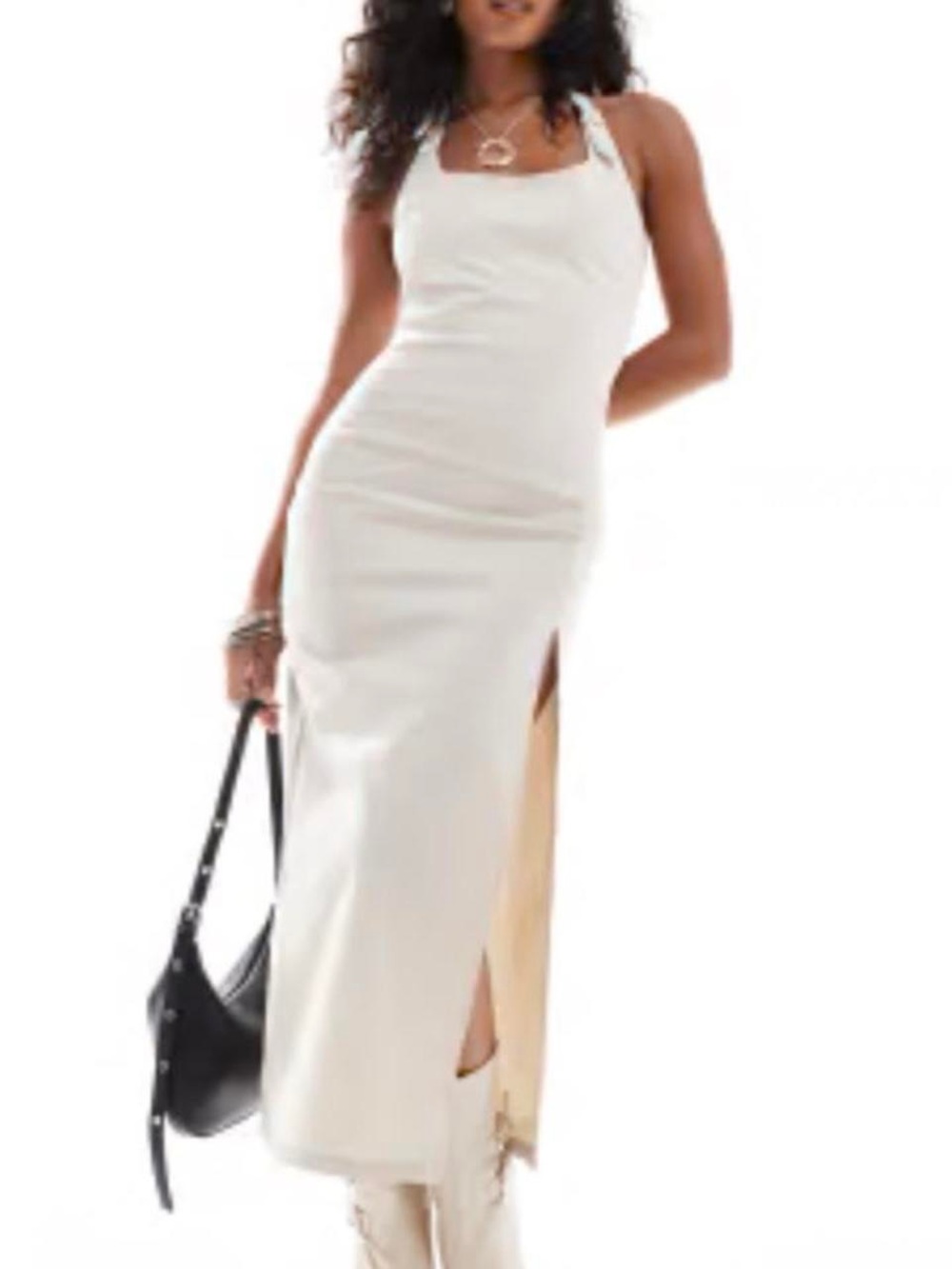 White Halter-Slit Maxi Dress by